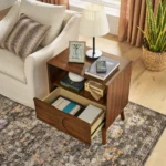 Mid century modern fluted nightstand with charging station, USB ports, and solid wood legs in walnut brown finish