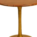 Brown and gold round pedestal small space dining table with solid wood top and iron base