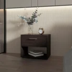 Stained walnut nightstand with one drawer and open shelf - minimalist bedroom furniture in walnut finish