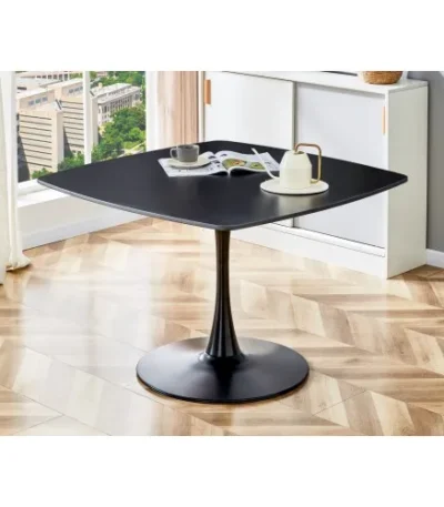 Goldoma black dining table with glass top and mirrored MDF base, square shape, matte black, modern design, seats 4-6