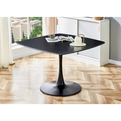 Hf06cef6163914b668d2975c711bd7a377.webp Goldoma black dining table with glass top and mirrored MDF base, square shape, matte black, modern design, seats 4-6