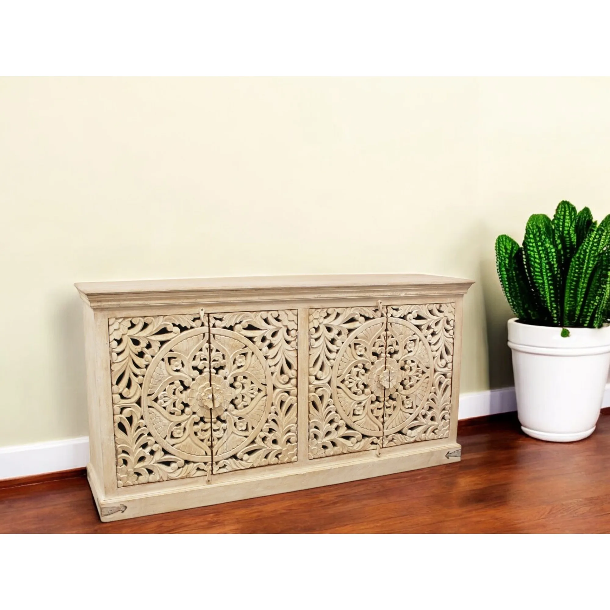 Hf0bf22a8864948f7a62bbfe14a853ecdZ.webp HMS 71 Modern Antiqued Beige Solid Mango Wood Sideboard Cabinet with Four Doors for Home Bar Furniture - Image 1