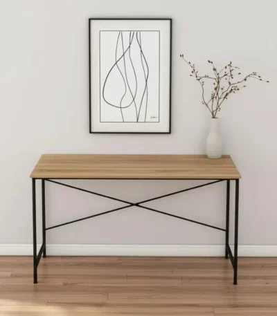HMS 47" Natural and Black Solid Wood Metal Computer Desk Simple Design Office Desk for Bedroom or Dining Features with Shelf