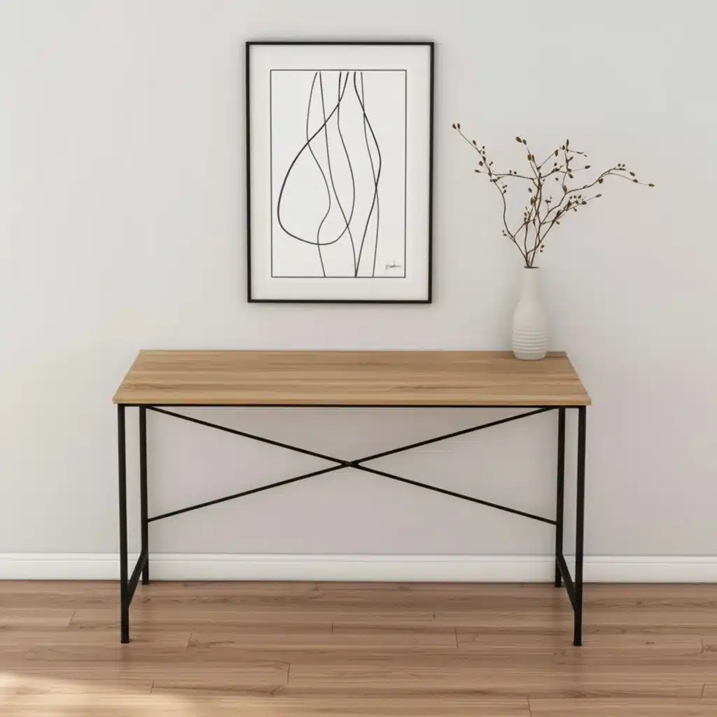 HMS 47" Natural and Black Solid Wood Metal Computer Desk Simple Design Office Desk for Bedroom or HMS 47" Natural and Black Solid Wood Metal Computer Desk Simple Design Office Desk for Bedroom or Dining Features with Shelf