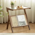 Boho rattan nightstand with glass top and bamboo accents, featuring a woven storage shelf, ideal for bedside or small spaces.