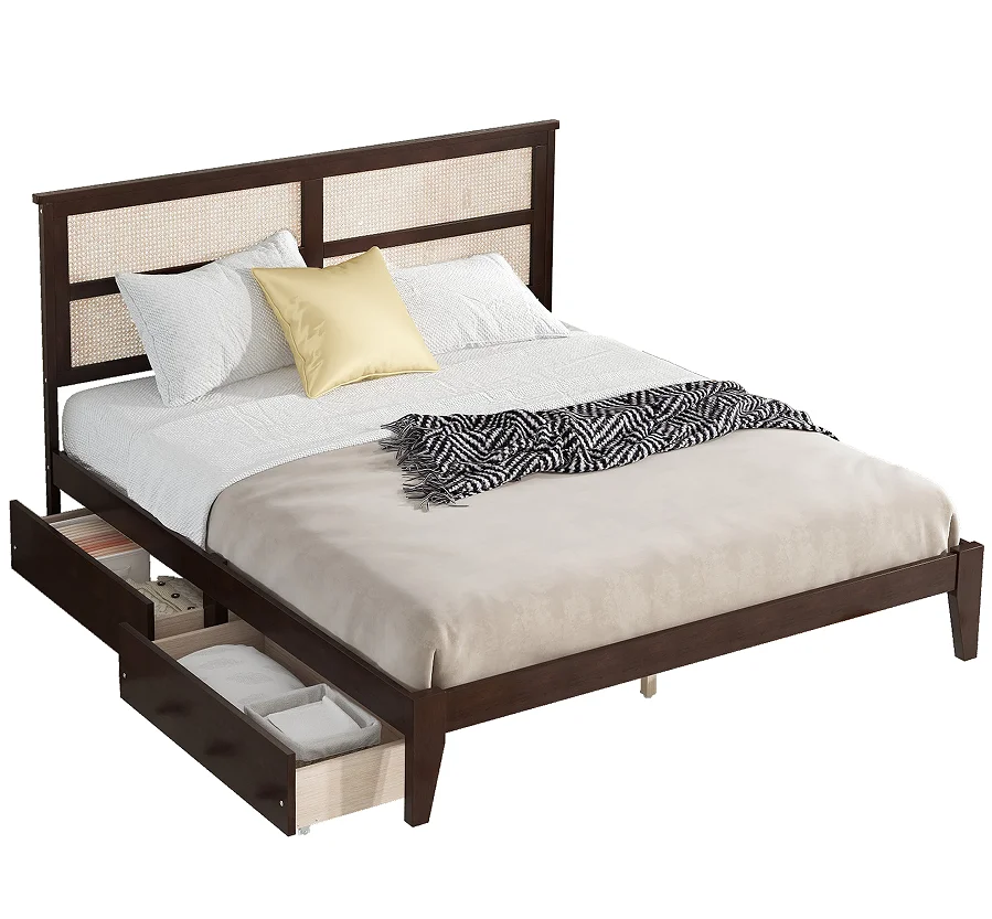 Goldoma King Size Adjustable Bed with Rattan Headboard and Storage Drawers