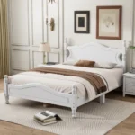 Goldoma full size solid pine platform bed frame in white finish, modern design with slatted base, no box spring needed
