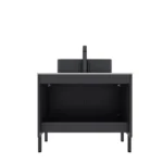 Factory 30 vanity with sink installed in a small bathroom, featuring a round mirror and towel rack.