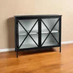Modern sideboard with glass doors in black iron and mango wood, 41 inches, for living room