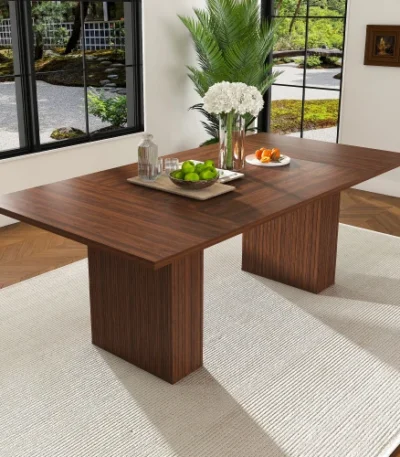 78-inch modern farmhouse dining table with storage base in natural wood veneer, rectangular shape, seats six