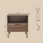 Brown nightstand with drawer and open shelf on gold hairpin legs, modern style, brown finish