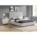 Goldoma modern queen bed with tufted headboard in eco-friendly gray fabric