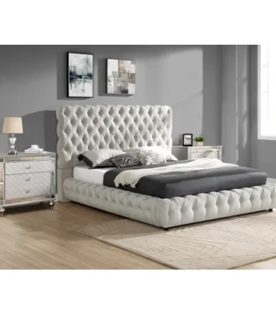 Goldoma modern queen bed with tufted headboard in eco-friendly gray fabric