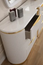 Modern 6-drawer dresser in white with gold drawer handles, featuring eco-friendly wood construction for bedroom storage