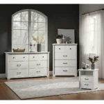 Elettra white bedroom set with dresser, chest, and nightstand featuring USB ports