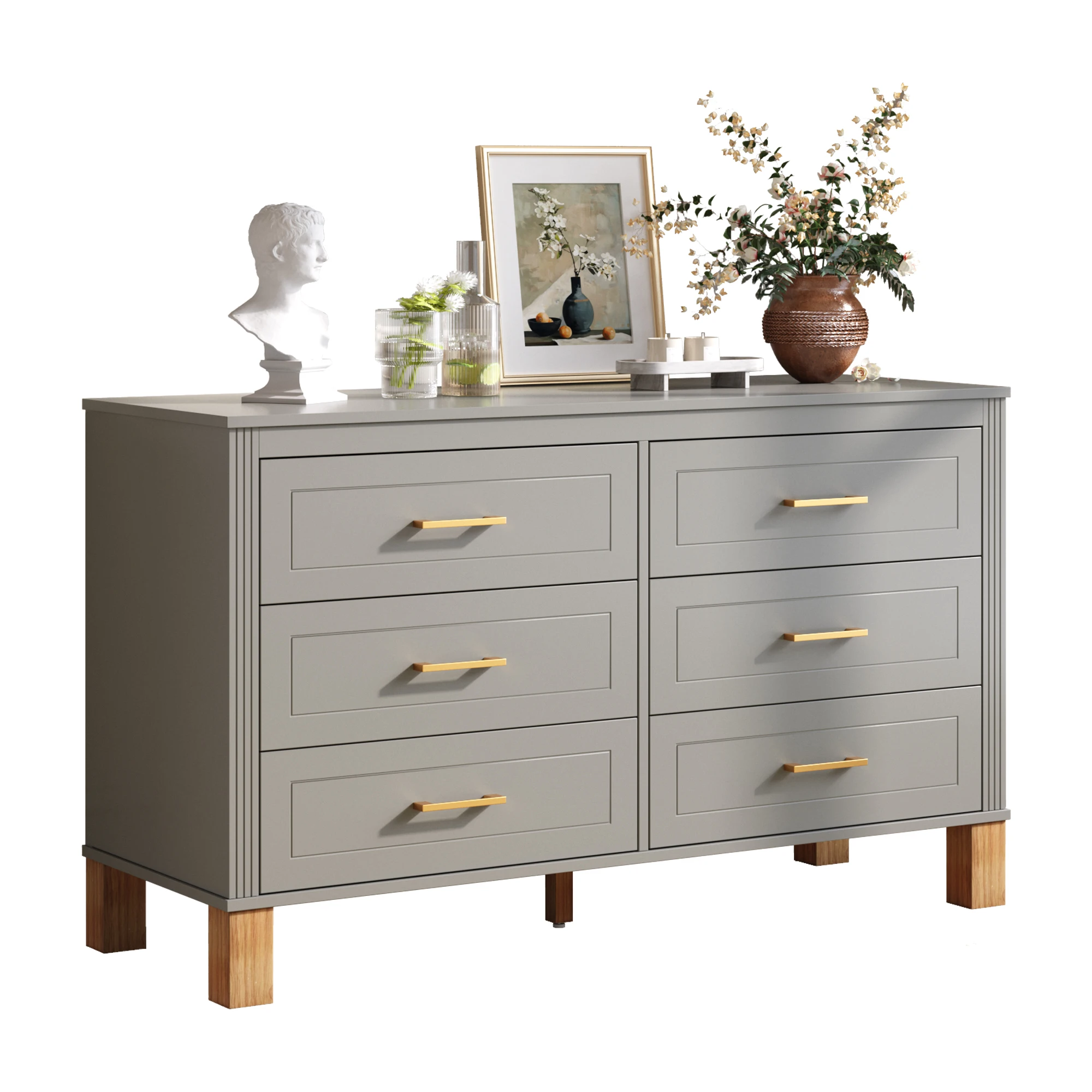 6-Drawer Double Dresser Gray with Metal Handles and Solid Wood Legs