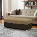 Goldoma 54-inch camel storage ottoman with chenille upholstery and faux leather accents in a living room