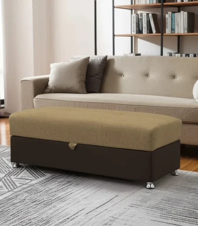 Goldoma 54-inch camel storage ottoman with chenille upholstery and faux leather accents in a living room