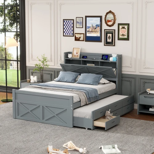 Hf265c5c973e645448e3faf124afae449a.webp Twin solid wood bed frame with storage headboard and three drawers in white finish
