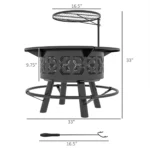 Black outdoor fire pit with glowing flames in a backyard setting