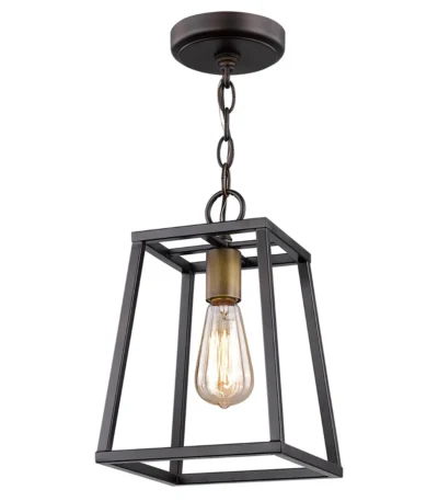 HMS modern design antique bronze tapered hanging light with warm white glass, shown in a living room setting.