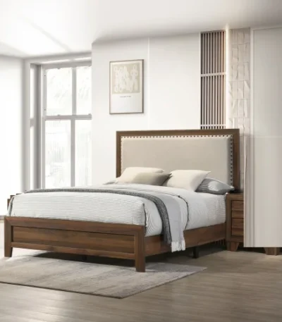Modern queen bed frame with tufted headboard in brown cherry finish from Goldoma