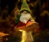 Solar gnome statue glowing in a garden at dusk