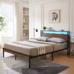 Goldoma full size platform bed frame with LED lights and USB ports, black and brown metal and wood design