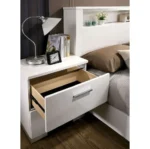 Contemporary white nightstand with high gloss lacquer finish and chrome handles