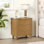 Mid century fluted 3 drawer nightstand with gold handles in natural wood finish - perfect bedroom storage furniture