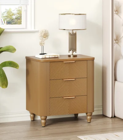 Mid century fluted 3 drawer nightstand with gold handles in natural wood finish - perfect bedroom storage furniture