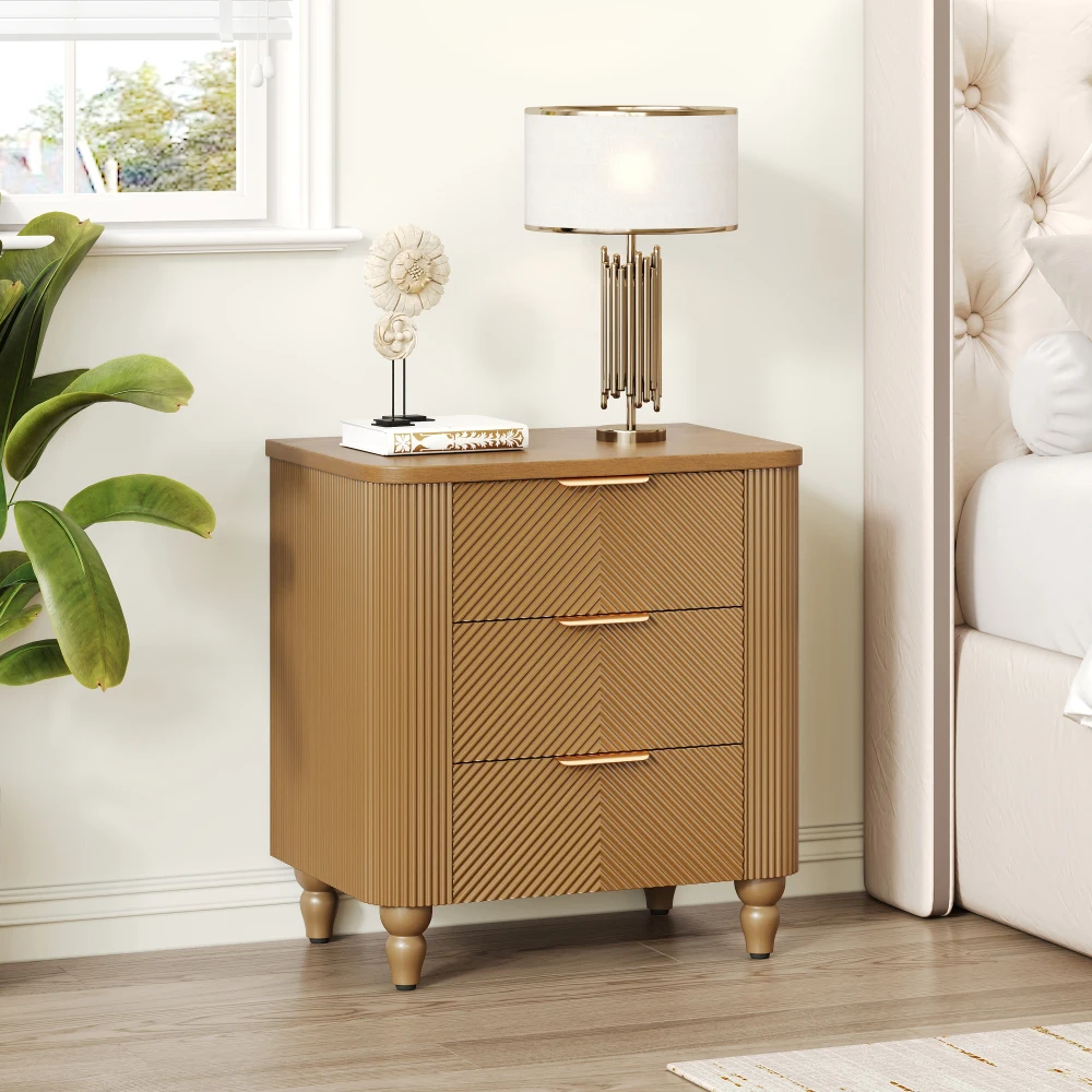 Hf2fbddf17daf4ea6b44b79d18b7a37d7g.webp Mid century fluted 3 drawer nightstand with gold handles in natural wood finish - perfect bedroom storage furniture