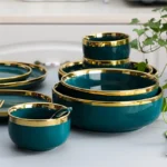 Green With Gold Inlay Quality Plates Full Set Luxury Steak Food Tray Ceramic Dinner Dish Salad Bowl Spoon Porcelain