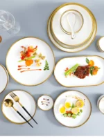 Nordic Style Gold Inlay Bright White Porcelain Dinner Sets Ceramic Bowl Dish Plates Set Porcelain Dinnerware For Household