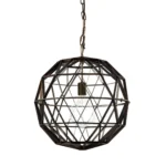 HMS black metal geometric globe pendant ceiling light hanging from a white ceiling, showing the spherical cage design.
