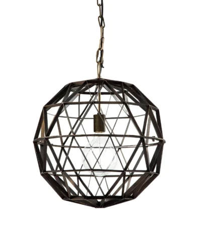 HMS black metal geometric globe pendant ceiling light hanging from a white ceiling, showing the spherical cage design.