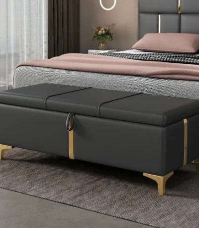 Goldoma velvet storage ottoman bench with metal legs in black - modern storage ottoman for living room