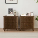 Fluted nightstand set of two in walnut finish with metal handles, mid-century modern style by Goldoma