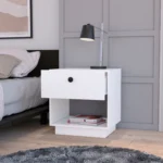 White 1-drawer nightstand with open shelf for bedroom storage, minimalist style