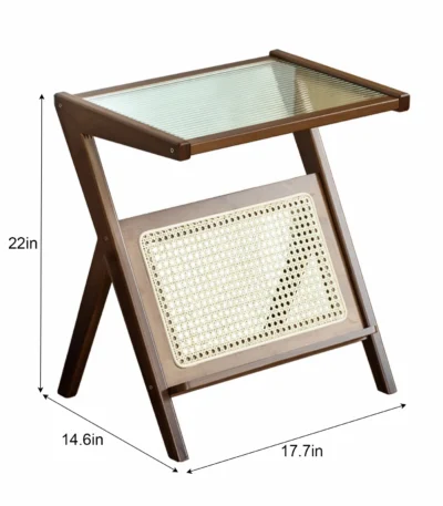 Boho rattan nightstand with glass top and bamboo accents, featuring a woven storage shelf, ideal for bedside or small spaces.