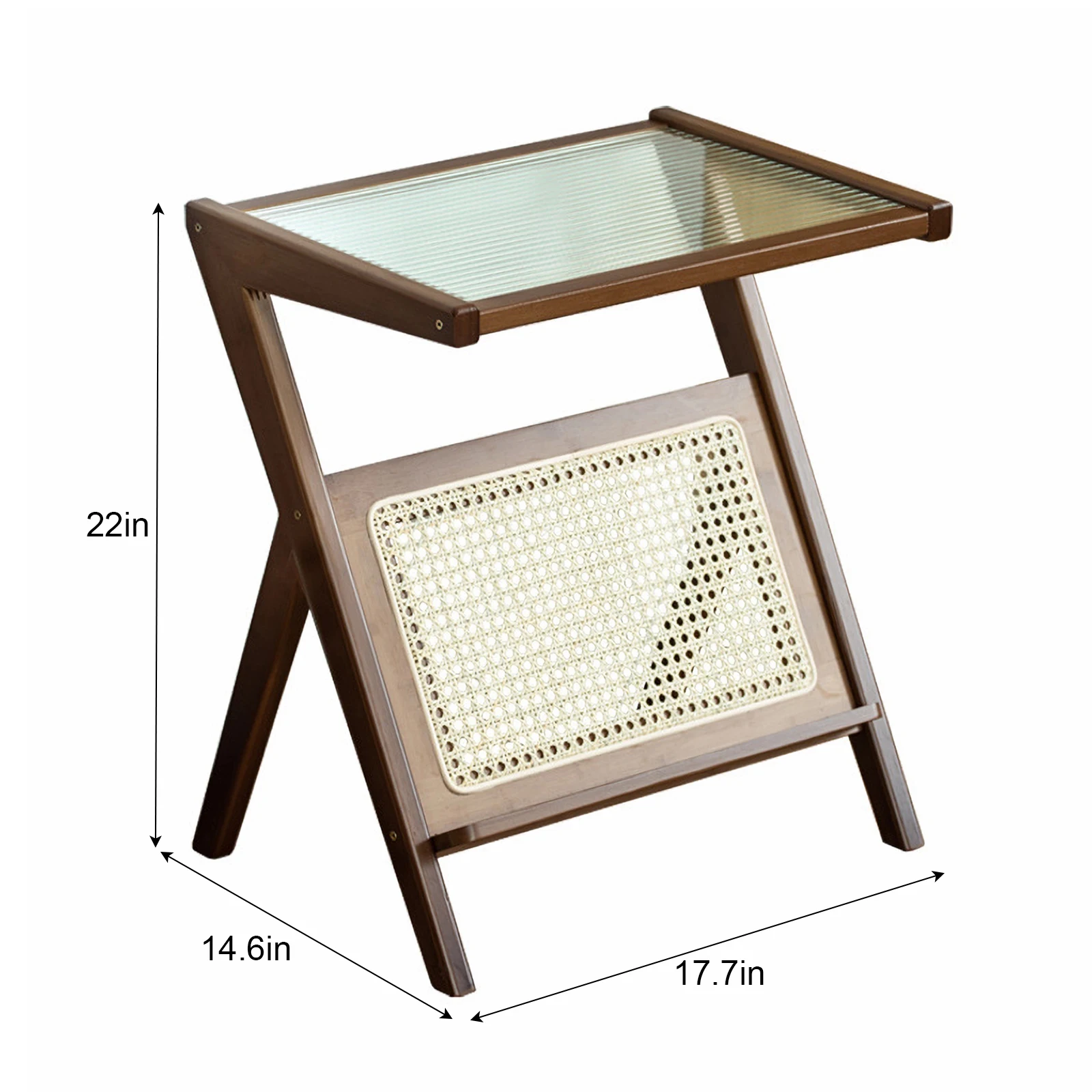 Hf3bac72642fb4ee7a92cc532581d38c01.webp Boho rattan nightstand with glass top and bamboo accents, featuring a woven storage shelf, ideal for bedside or small spaces.