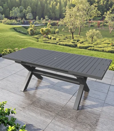 Modern aluminum rectangular dining table 82.5 inches from Goldoma - durable outdoor table in grey finish