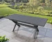 Modern aluminum rectangular outdoor table in grey finish with chairs on patio