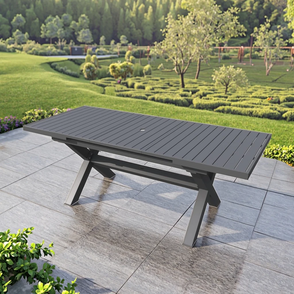 Hf3bcf88d966b47f59a6917a66069986cc.webp Modern aluminum rectangular dining table 82.5 inches from Goldoma - durable outdoor table in grey finish
