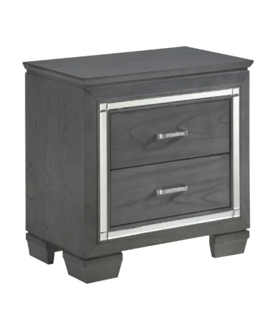 Modern nightstand with LED lighting, gray finish, two drawers with faux crystal bar pulls, and rectangular silhouette in a bedroom setting