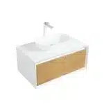 White MDF vanity set in a contemporary bathroom, paired with a mirror and faucet, showcasing the complete look.
