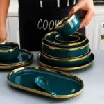 Green With Gold Inlay Quality Plates Full Set Luxury Steak Food Tray Ceramic Dinner Dish Salad Bowl Spoon Porcelain