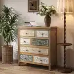 Vintage Wooden Accent Chest with 6 Drawers - Rustic Multicolor Carved Storage Dresser – close-up detail