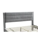Goldoma queen storage bed with gray corduroy headboard and pine wood frame featuring under-bed drawers