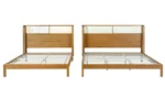 Goldoma teak wood platform bed frame queen size with soft upholstered headboard in modern bedroom